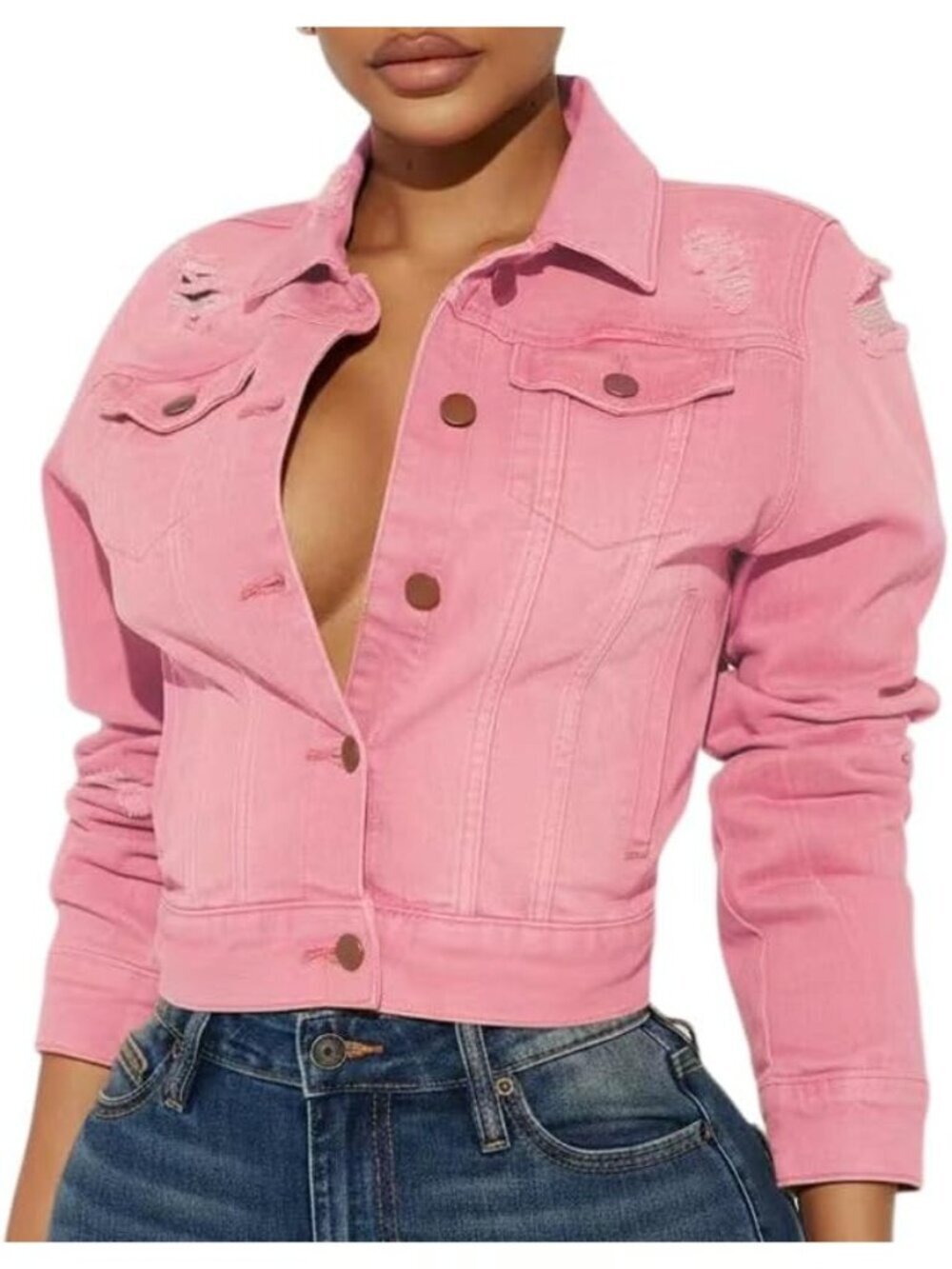 Women's Pink Denim Fall Long Sleeve Classic Distressed Butterfly Jean Jackets